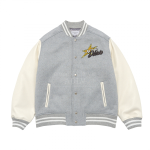 [acmé de la vie X HOSHI]  PIXEL BEAR ARTWORK VARSITY JACKET MELANGE