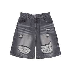 HEM LINE DESTROYED DENIM SHORT PANTS GREY