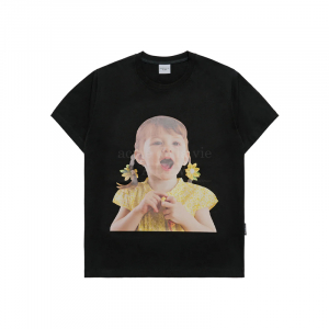 FLOWER EARRINGS GIRL BABY FACE SHORT SLEEVE T-SHIRT (OVERSEAS EXCLUSIVE) BLACK