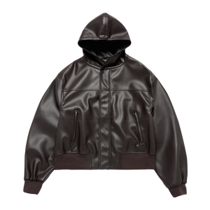 VEGAN LEATHER HOODIE JACKET BROWN